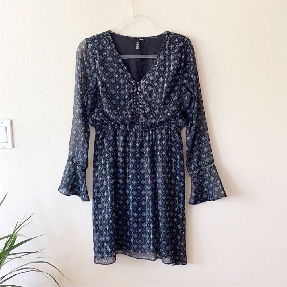 AQUA Button Down Pattern Long Sleeve Dress